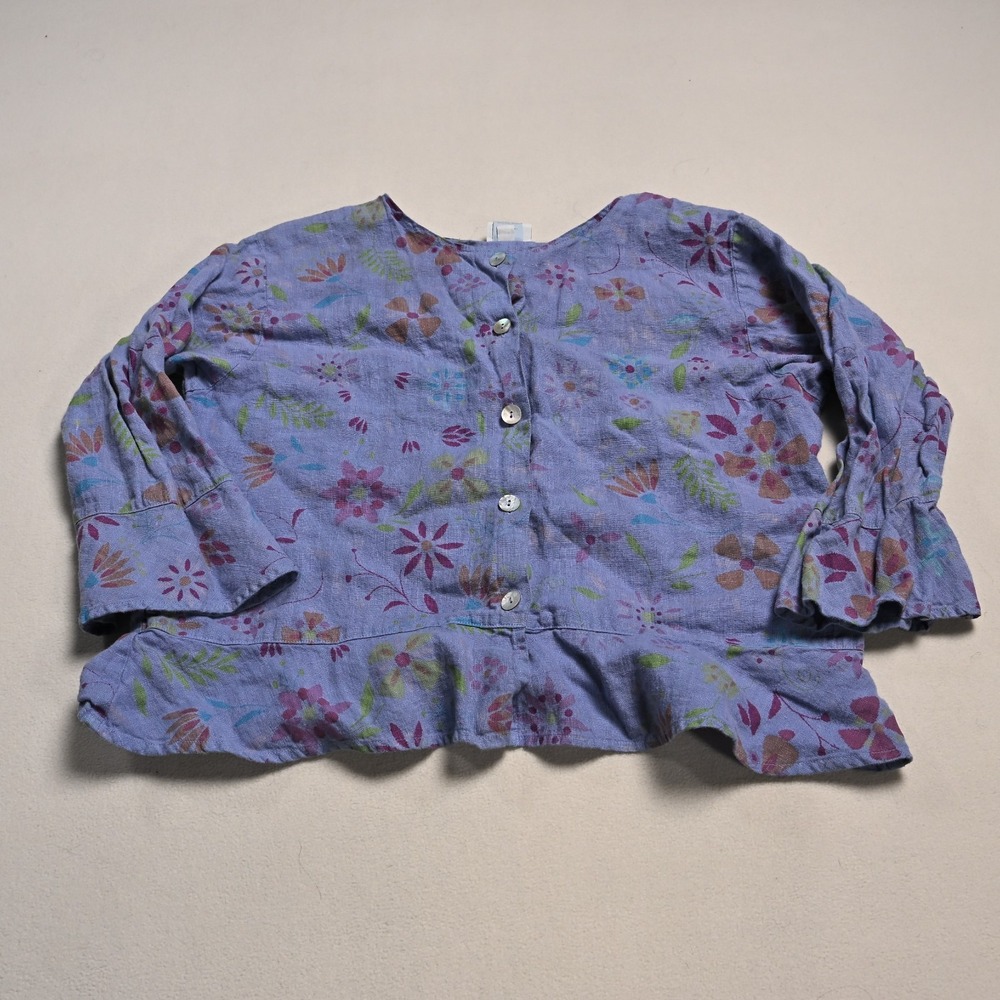Habitat Top Womens Medium Linen Floral Ruffle Hem Flare Cuff Artsy Flowy